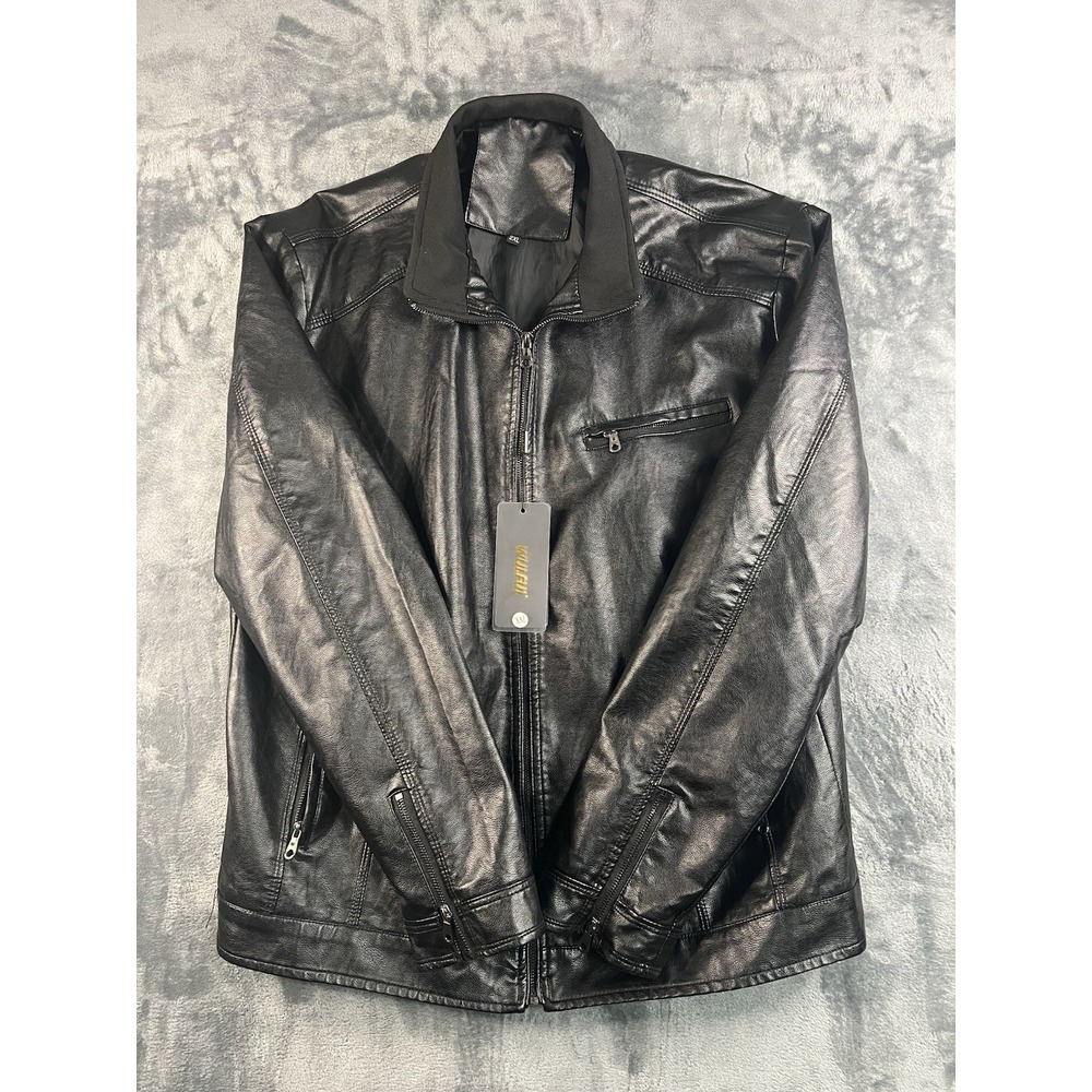 New W/Tag WULFUL Men's Stand Collar Faux Leather Moto Biker Jacket Blk Size 2XL